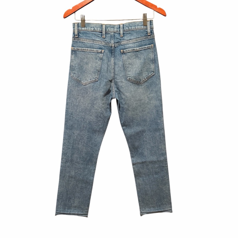 7 For All Mankind Blue Denim Straight Leg Jeans with Cream Floral Embroidery - Picture 3 of 6